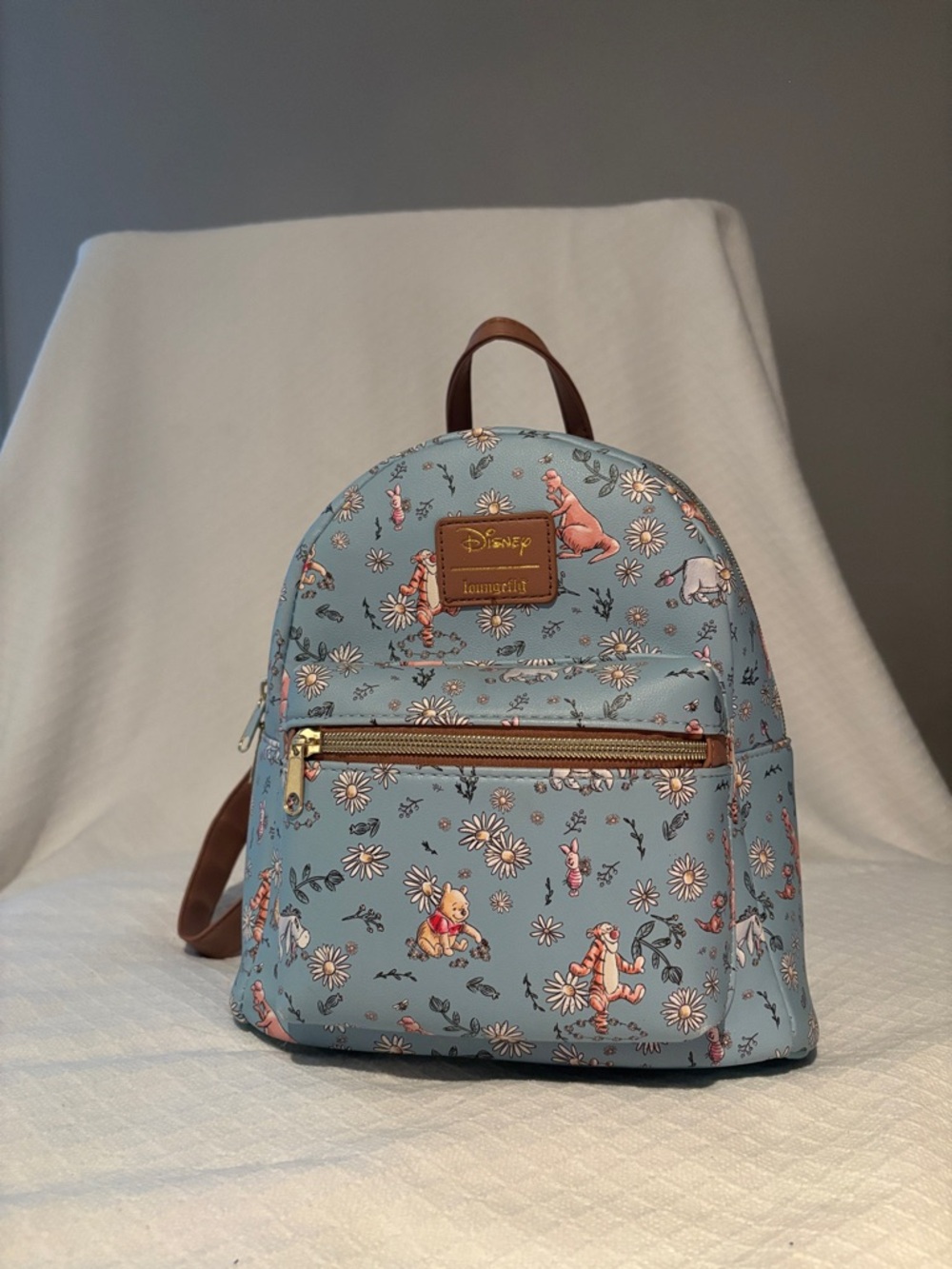 Disney Blue Floral Winnie the Pooh Mini Backpack with Brown Accents